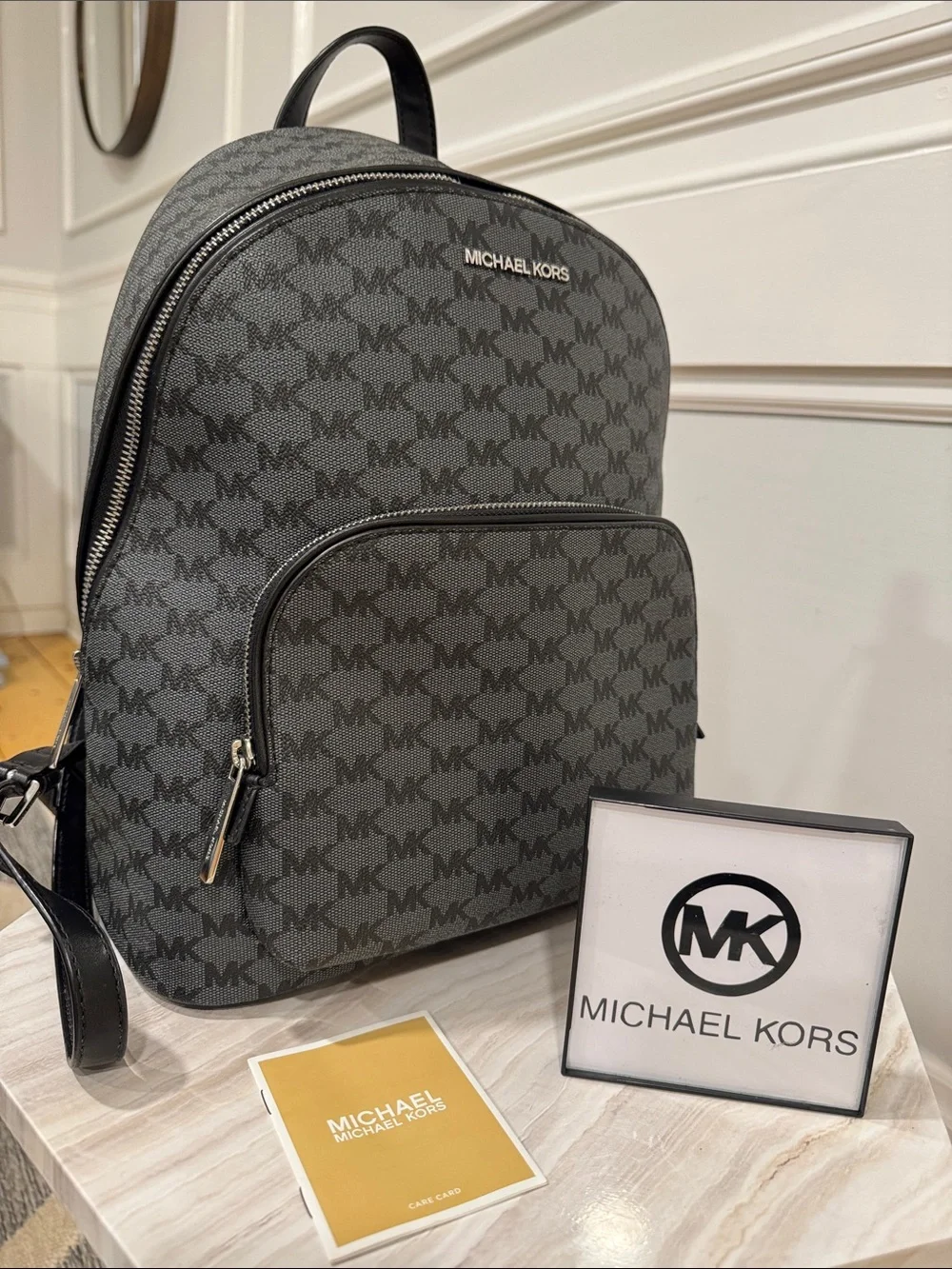 Michael Kors Bag Jet Set MK Logo Black Gray Backpack - Picture 1 of 17